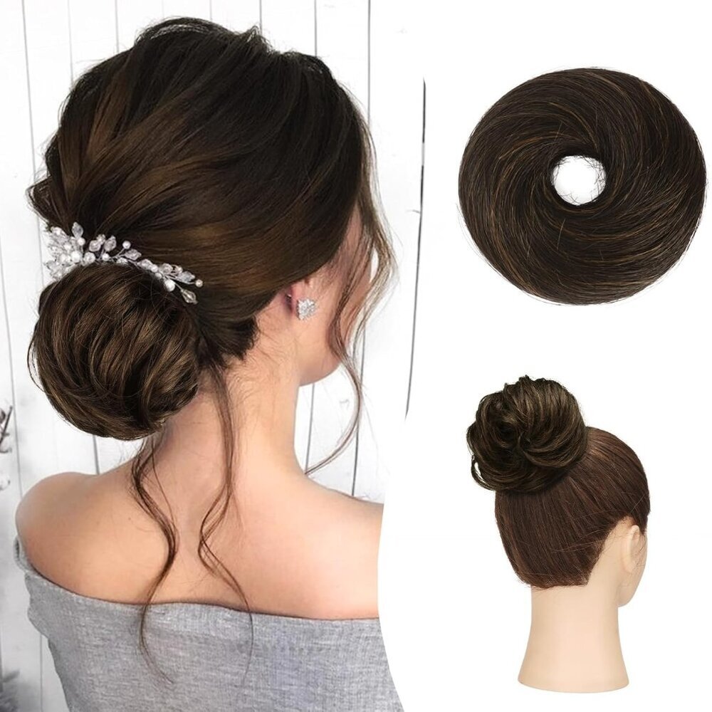 Human Hair Bun Extension Long Thin Straight Dark Brown Blonde 20g Elegant
